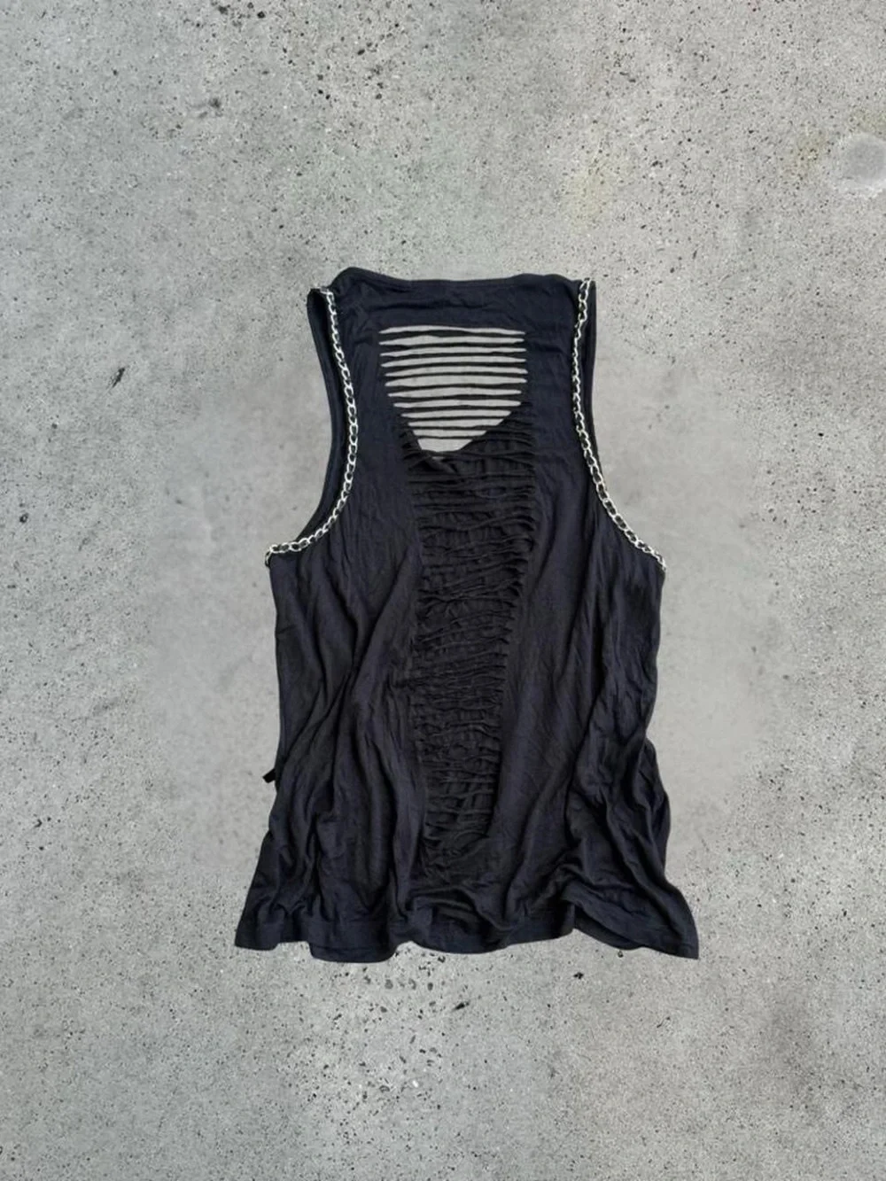 Y2K Black Distressed Tank with Chain-Trimmed Shoulders
